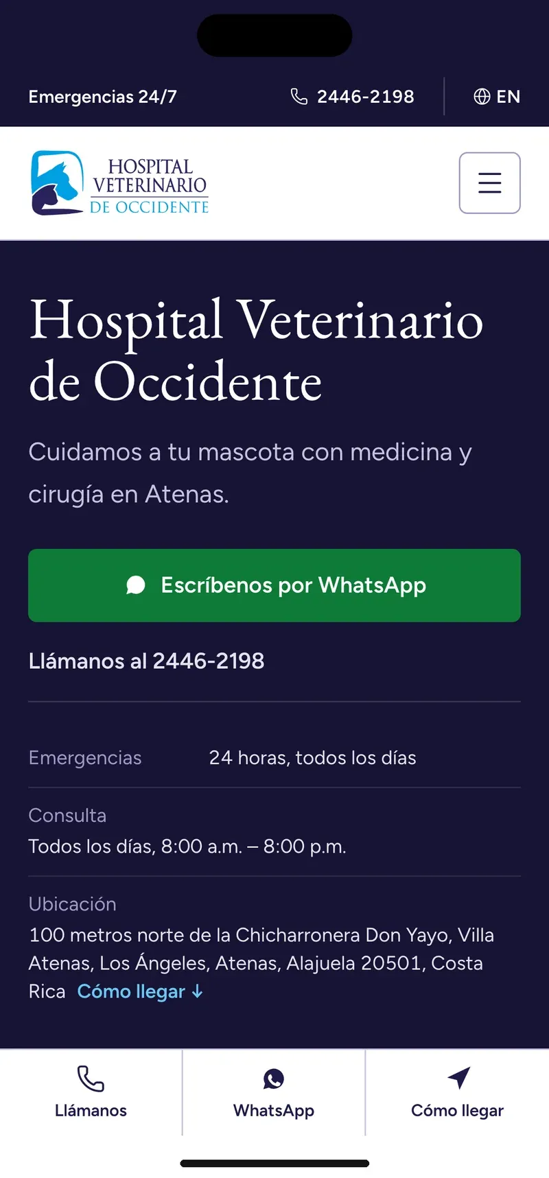 Página de Hospital Veterinario de Occidente vista en celular